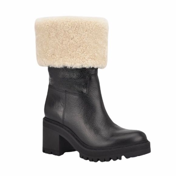 Marc Fisher Willoele Black Leather Shearling Collar Calf High Boots - Picture 2 of 8